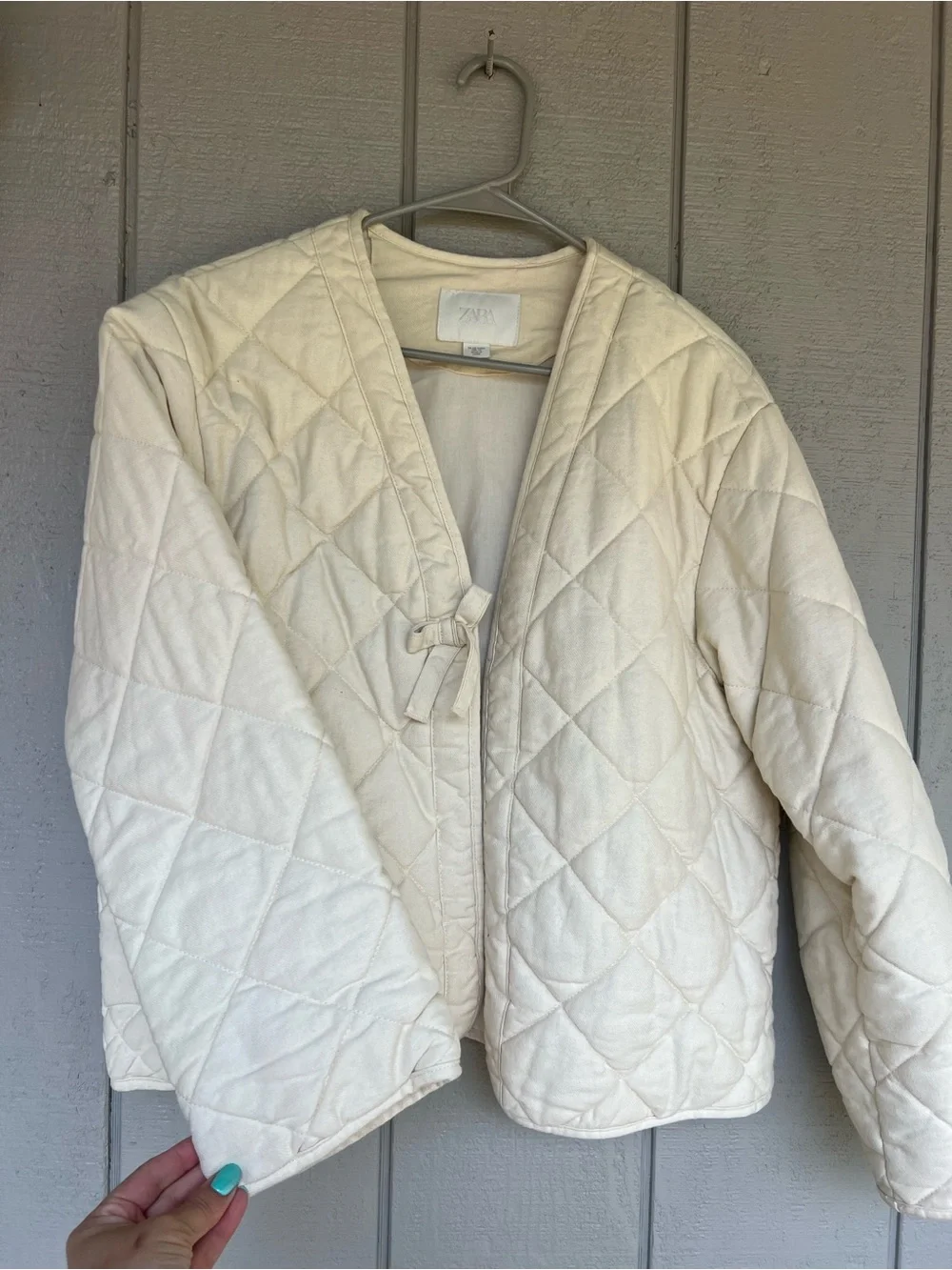 Zara Cream Quilted Tie-Front Puffer Jacket
